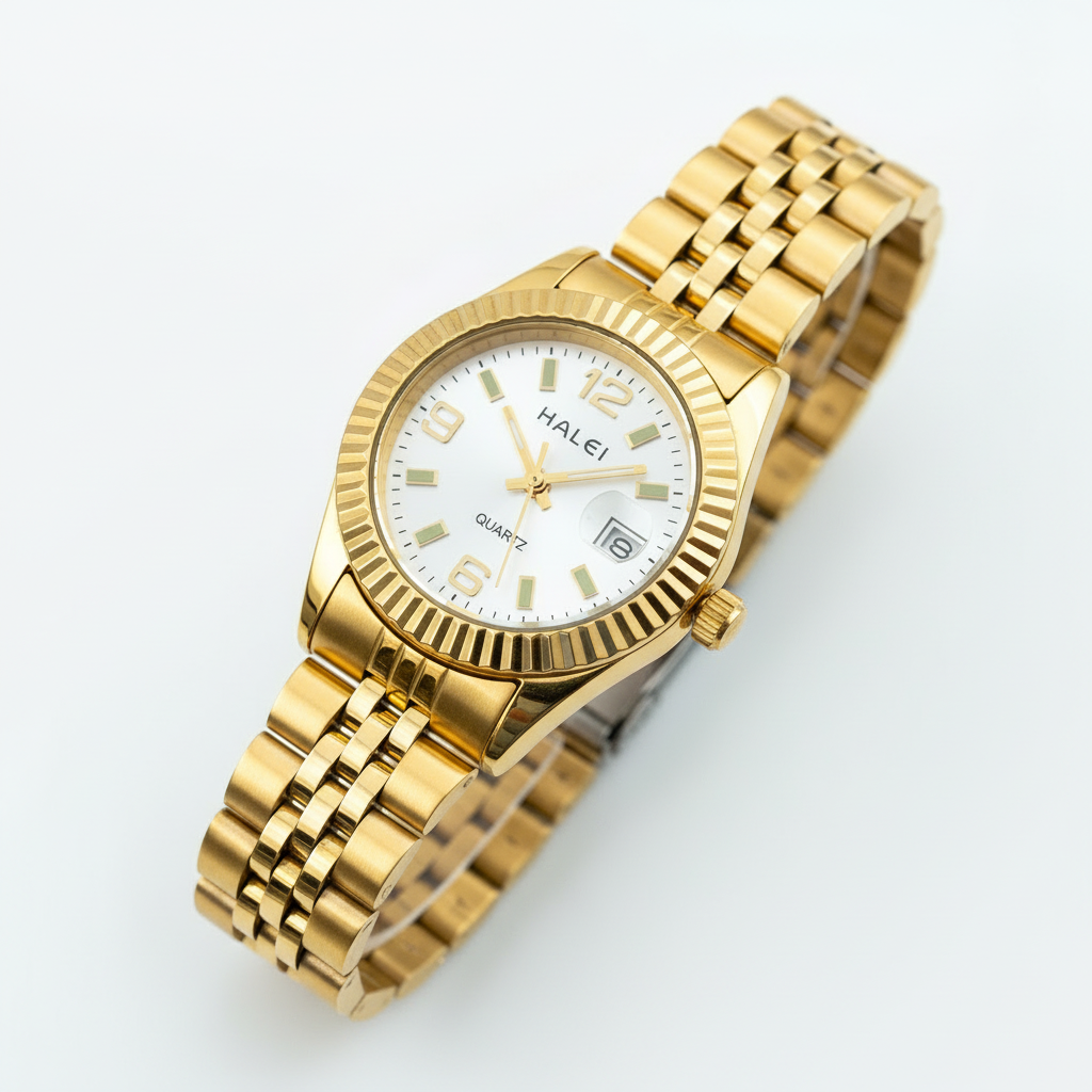 Relógio feminino Halei Gaia dourado com pulseira aberta