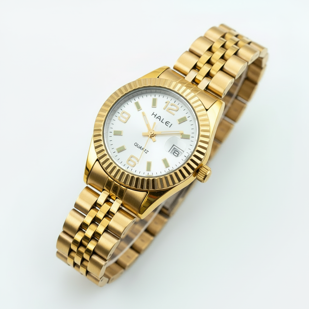 Relógio masculino Gaia dourado em close-up com pulseira original preservada